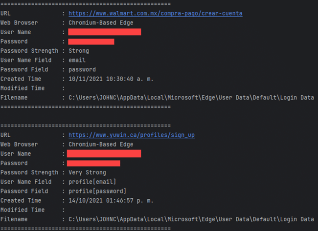 Example of stolen web credentials taken by Mispadu
