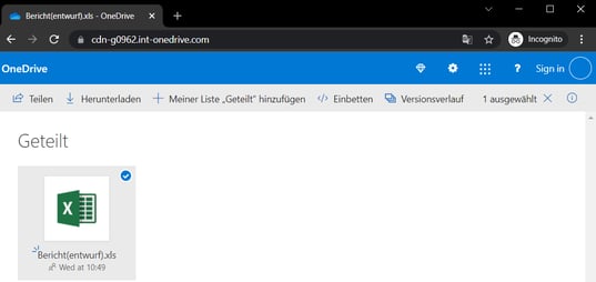 A fake OneDrive website serving an Excel document (in German)