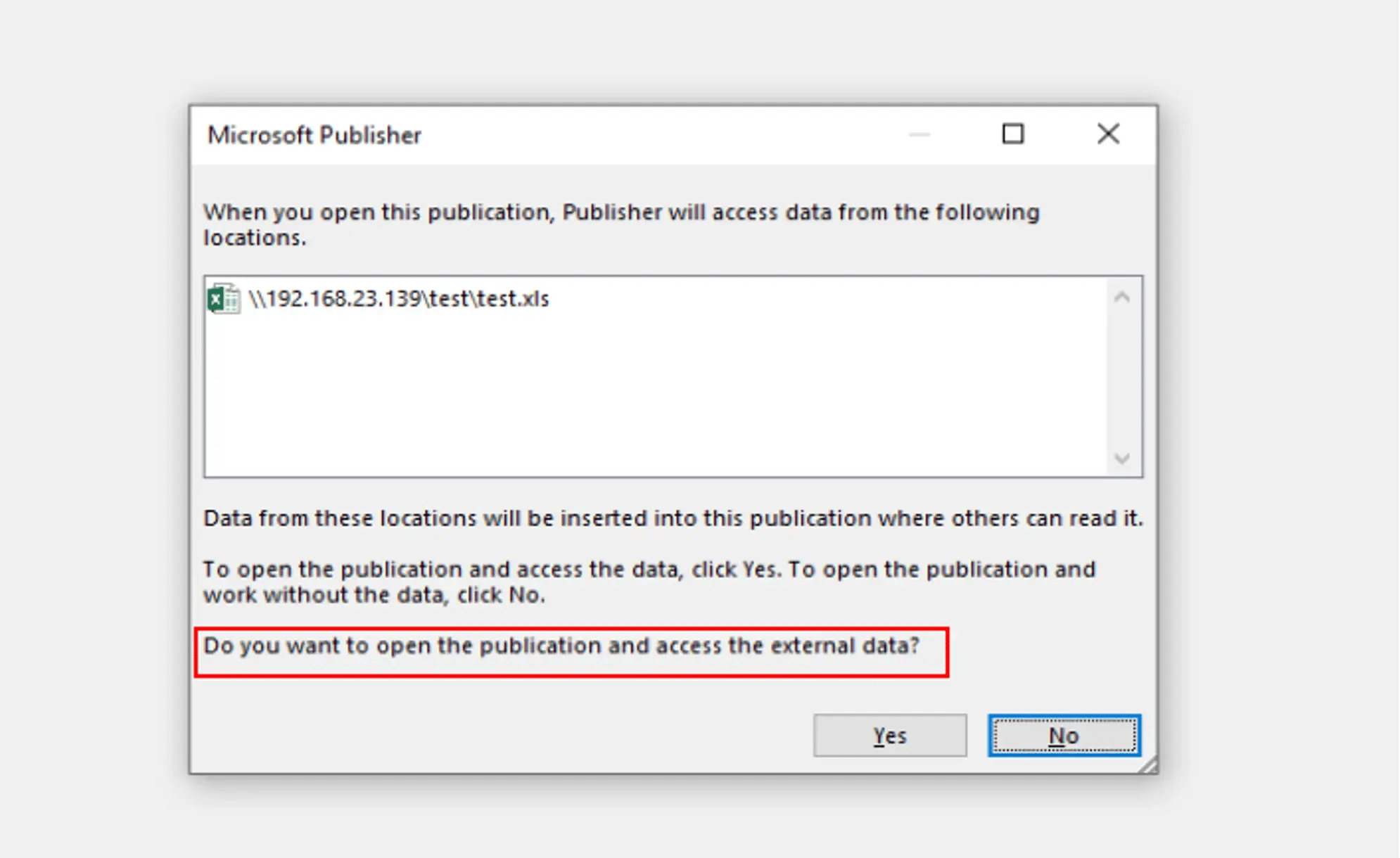 Microsoft Publisher Warning External Data NTLM Leak