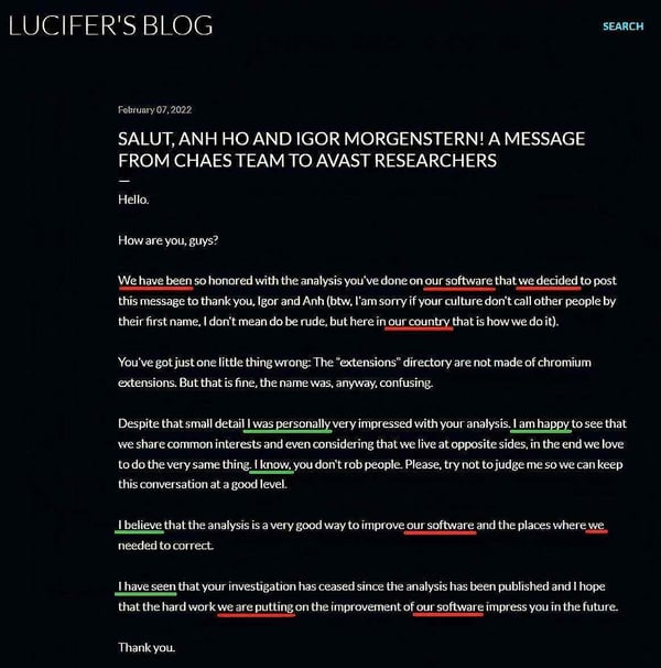 Lucifer's Blog - Open Letter to Avast Researchers