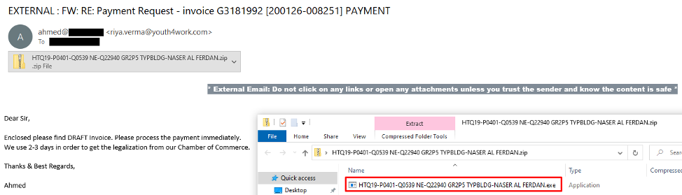 GuLoader's phishing email pretends to be a payment request