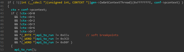 GuLoader checks hardware breakpoints and soft breakpoints before running an API call